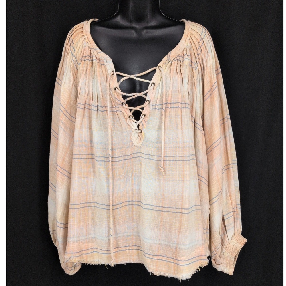 We The Free Peasant Plaid Tunic Top Lace Up Oversized Cottage Frayed Boho Medium